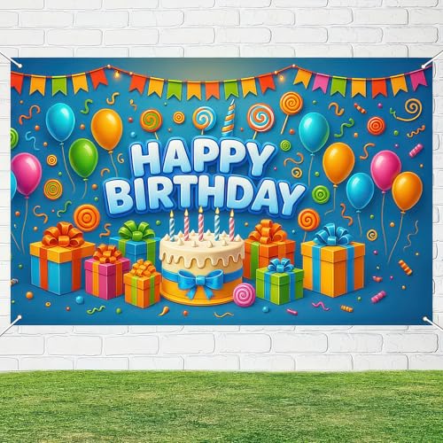 Image of BlissYard Happy Birthday Banner 71x43 Inch Gift Cake Blue Background Decoration for Boys Candy Theme Poster Backdrop Wall Scene Happy Birthday Banner Kids Party Display Setup Outdoor Supplies