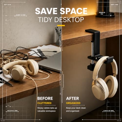 Image of Headphone Stand, Foldable Headset Hanger - Removable Headphone Holder Hook Mount, Adjustable PC Gaming Headset Stand Holder Clip Under Desk Clamp for Airpods Max, HyperX, Sennheiser
