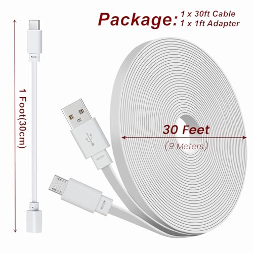 weishan 30ft Power Extension Cable Compatible with eufy Security Cam S220, S340, E220, P24-9m Long Flat USB to Micro USB Charging Cord with USB-C Adapter, White - Image 6