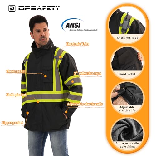 Image of Reflective Rain jackets for men waterproof,Hi Vis Safety Coat With Reflective Strips,High Visibility Class 3 Rain jackets With 2 large pockets,Zipper,Black ,SM /MD