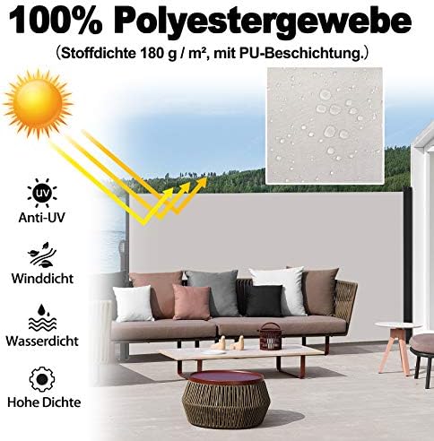 Aufun Retractable Side Awning Garden Screen Outdoor Patio Side Awning Outdoor Protection Steel Frame Retractable Garden Privacy Home Commercial Grau 180X600 cm