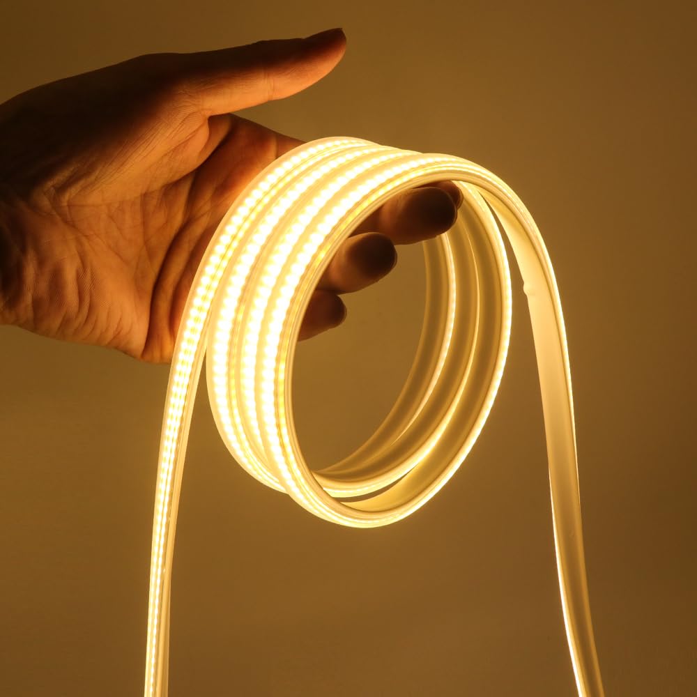 KAFULA 220V COB LED Light Strip with Switch, IP65 Waterproof Flexible, 288 LEDs/m 20m Warm White 3000K Super Bright FCOB LED Fairy Light CRI90+, can be Cut Every 50cm, Home Decoration