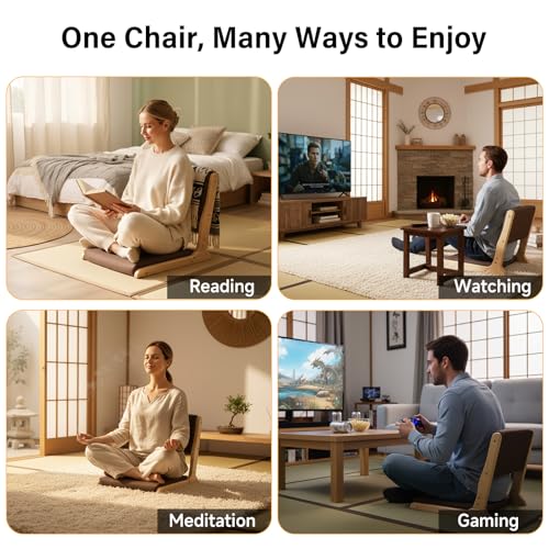 Tiita Foldable Tatami Chair, Japanese Floor Chair, Wood Legless Back Rest Chairs with Cushion, Accent Meditation Floor Chairs Bay Window, Wood Brown - Thumbnail 5