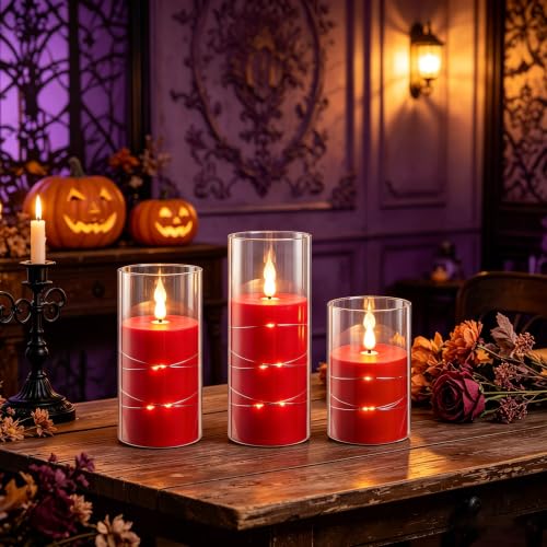 Image of Da by 3 Pack Red Transparent Acrylic Flameless Taper Candles, Flickering Black Wick LED Candles with Fairy String Lights, Heat Resistant ABS Candles with Remote for Indoor Outdoor Decor