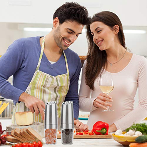 Pepper Grinder, Gravity Electric Pepper Mill, Battery Operated Automatic Salt Mill With Blue Led Light, One Handed Operation, Adjustable Coarseness, Silver（Including Stainless Steel Spoon） #TOP2