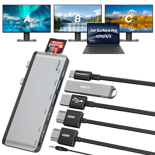 Surface Pro 11/10/9/X Hub USB Cavec Double HDMI 4K@60Hz, USB-C Thunerbolt 4 (Affichage 8K + données + Recharge 100 W), 2*USB 3.0, SD/TF, Audio 3,5 mm, Surface Pro 11 Adaptateur, Plug and Play