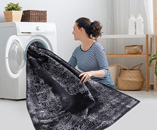 Camilson Machine Washable Area Rugs With Non Slip Backing For Living Room Bedroom, Distressed Vintage Washable Rug 5X7, Stain And Water Resistant, Bohemian Indoor Carpet (5 X 7, Black White) #TOP4