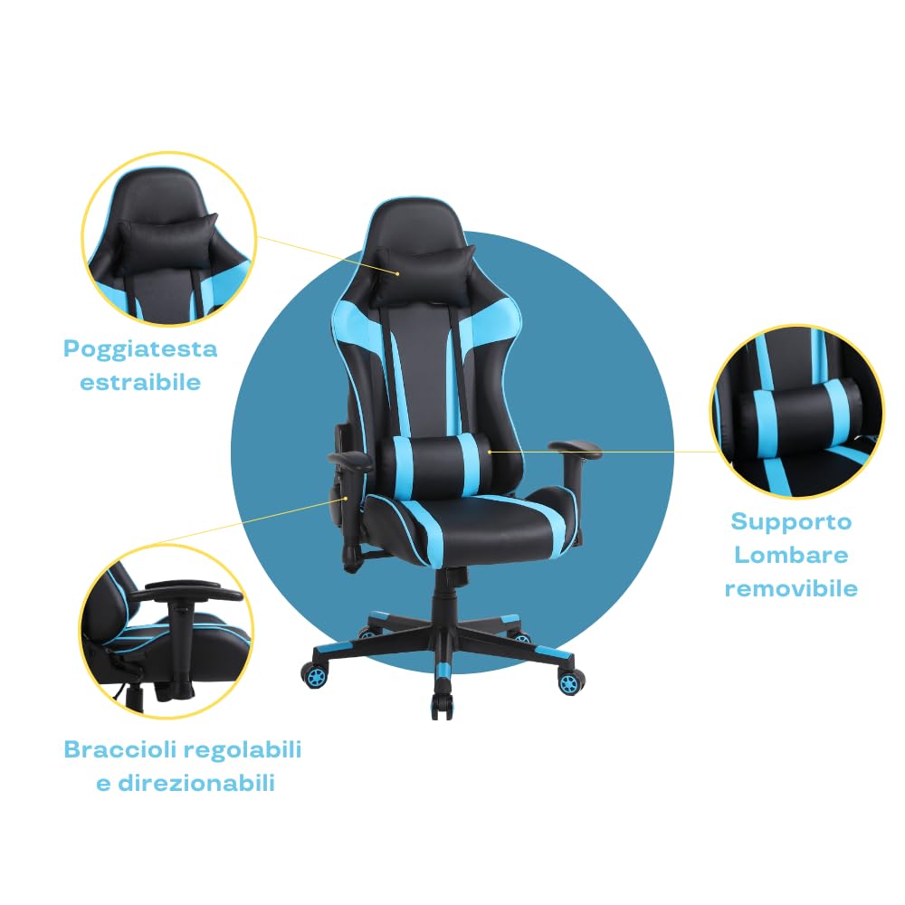 Sedia da Gaming Massimo Comfort e Stile RAPTOR Schienale Reclinabile Altezza Regolabile con Braccioli Poggiatesta Supporto Lombare Poltrona Playstation (Nero/Blu)