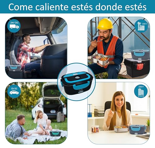 Miniatura 3 de Jessyline Fiambrera Eléctrica Portátil Profesional Elegante 80w 12v 24v 220v Multifunción Coche Camión Oficina Calienta Comida Rápido Taper Contenedor Dividido Acero Inoxidable 1,5l Negra Azul-Claro