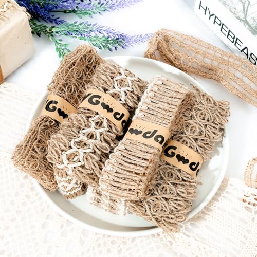 VGOODALL 7 Rolls Burlap Ribbon, Natural Jute Ribbons Lace Mesh Wedding Trim Decor, for DIY Wrapping Gifts Holiday Party Decorations