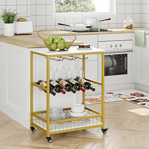 Hithos Industrial Bar Carts For The Home, Mobile Bar Serving Cart With Wine Rack And Glass Holder, Beverage Cart, Wine Cart On Wheels, Rolling Drink Trolley For Living Room, Kitchen, White Gold #TOP1