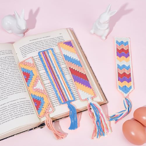 Image of FREEBLOSS 8set Plastic Canvas Bookmark Kit Colorful Plastic Canvas Cross Stitch Embroidery Kits Mesh Sheet Bookmark Kit with Instructions