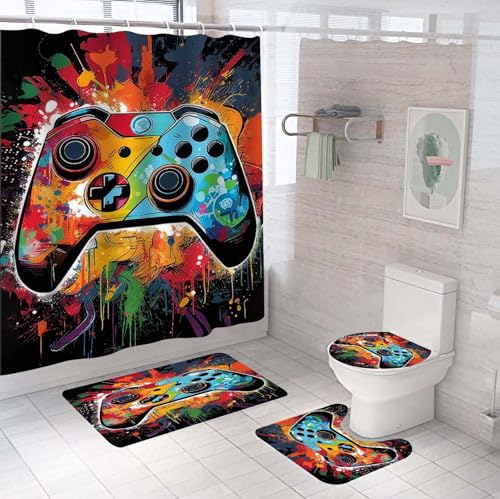 NORBEY 4 Pcs Pop Art Game Shower Curtain Set, Watercolor
