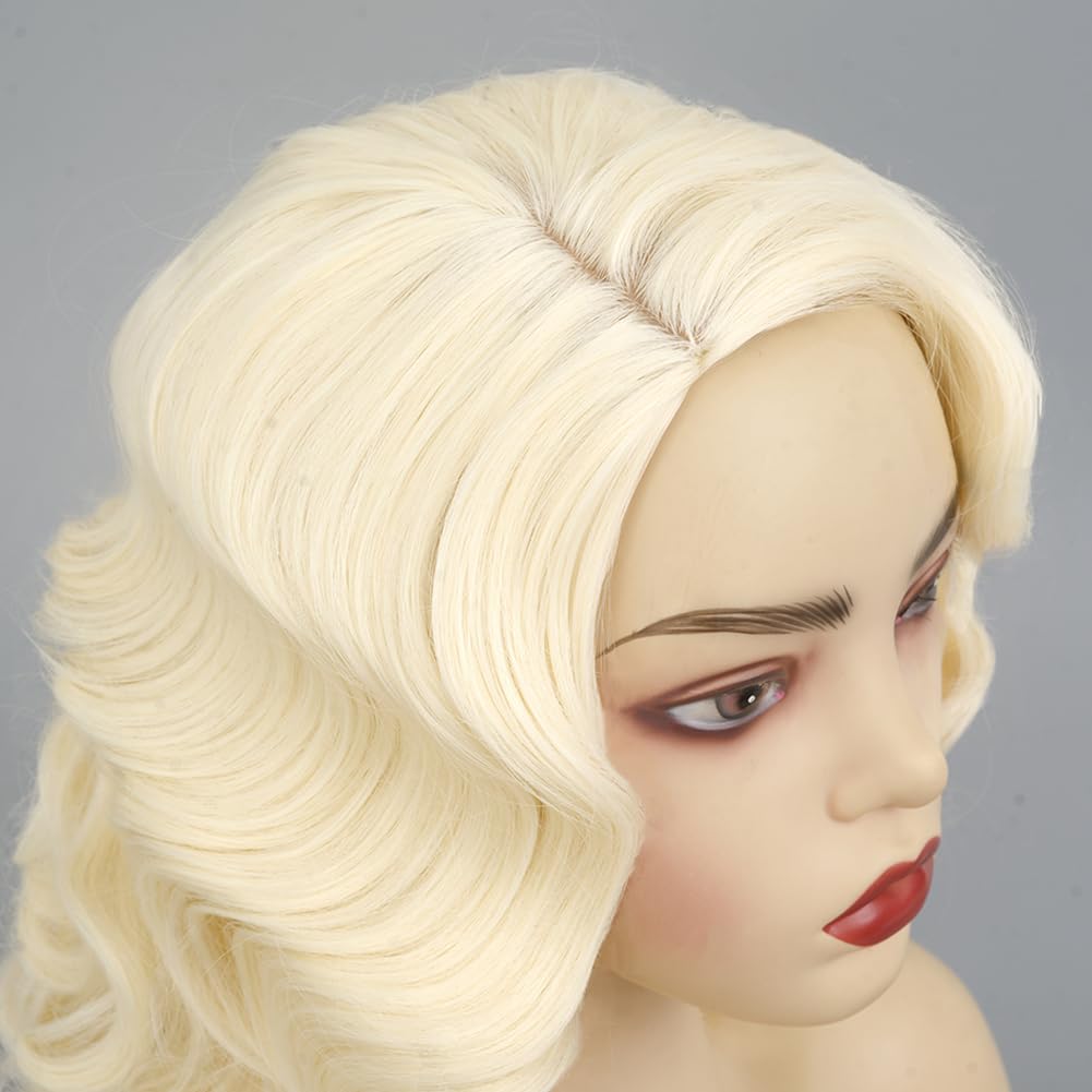 Blonde Finger Wave Wigs for Women Long Curly 1920s Side Part Natural Synthetic Fiber Hair Halloween Costume Vintage Wig(Light Blonde)