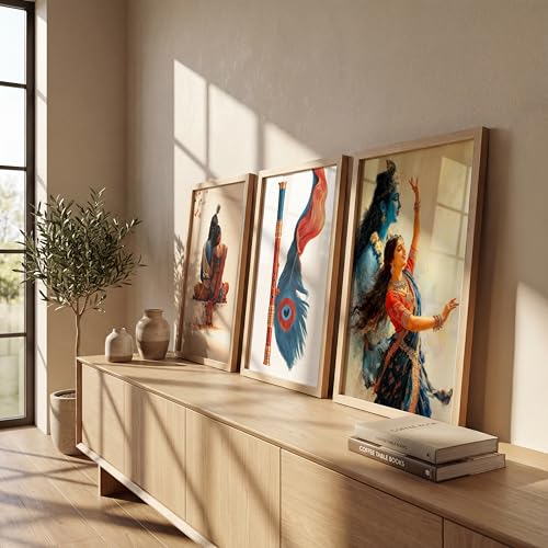 Image of NoWorries Traditional Wall Art Frames Set of 3 | Indian Art Wall Decoe Frames | Radhe Krishna and Feather Painting, High Quality HD Printed Framed Posters for Living Room, Bedroom, Office and Home Decoration (Frames Size-13x19Inch)