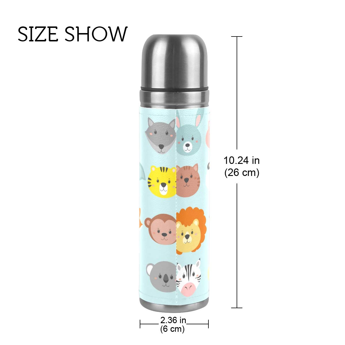 Taza de viaje aislada al vacío de acero inoxidable con doble pared a prueba de fugas, botellas de taza con diseño de animales, estampado personalizado impreso en piel auténtica, termo de 500 ml