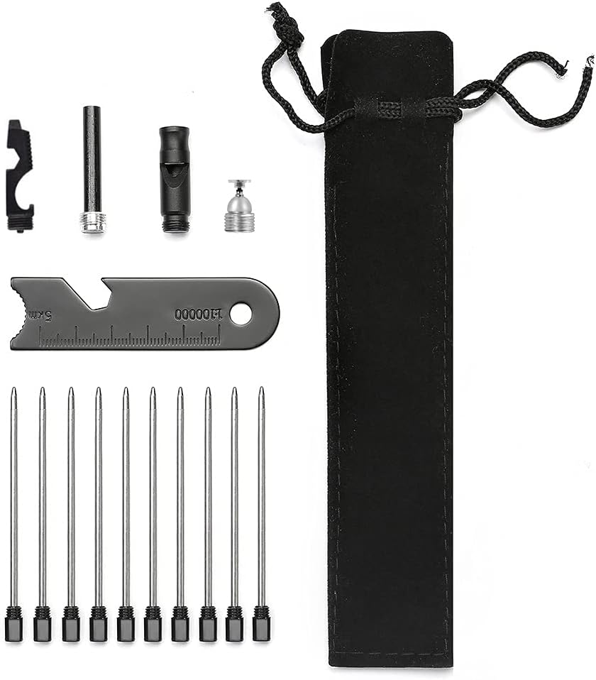 Tactical Pen Accessory Kit: 10 Ink Refills + Stylus + Fire Starter + Whistle + Pouch + Multitool + Gift-Boxed