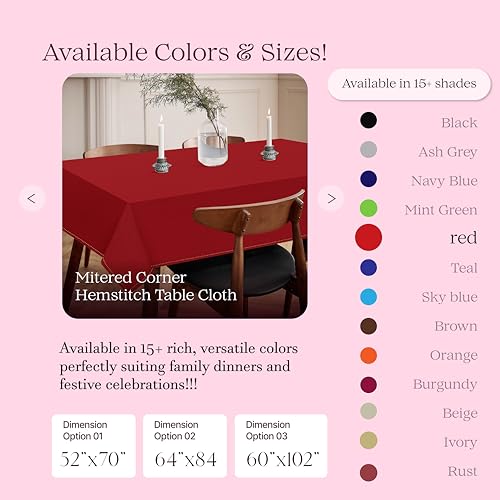 HEIRLOOM COMFORT Red Cotton Tablecloth, Table Cover 52x70 Inch, Fits 4-6 Seats, Soft, Washable, Wrinkle Resistant, Rectangle Table Cloth for Dining, Anniversaries, Festive Gatherings, Family Dinner by HEIRLOOM COMFORT - Used condition - Image 2