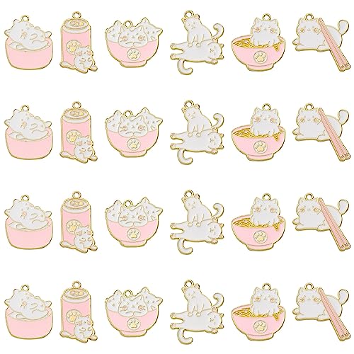 Stiesy 12 pcs 6 Styles Cat Charms Pendants Enamel Kitten Charms Cute Cat in Pink Bowl Dangle Charms for DIY Crafts Bracelet Jewelry Making