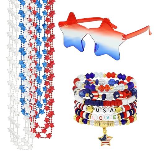 Lurxsmisa 16PCS 4th of July Outfits for Women Patriotic Accessories Set Red White and Blue Star Beads Necklace Independence Day Bracelet America Flag Sunglasses Fourth of July Memorial Day Decor AI
