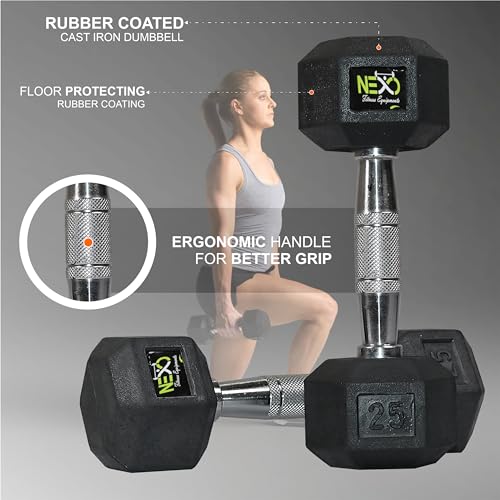 Image of NEXO Rubber Coated Hex Dumbbells for Home Gym Exercise | Workout Dumbbells Weights for Men & Women| 5kg Hex dumbbells set of 2 (2.5kg x 2) | Color - Black
