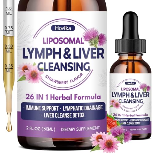 Liposomal Lymphatic Drainage Drops 26 in 1 Liver Cleanse Detox & Repair with Milk Thistle Echinacea Glutathione Vitamins Lymph-Liver Cleanse Gut & Metabolic Health - Strawberry Flavor 2 Fl Oz