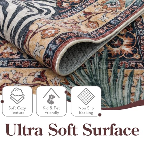 Moynesa Tiger Washable Area Rugs 8x10, Large Boho Rugs for Living Room, Vintage Non Slip Dining Room Rugs for Under Table, Ultra Thin Soft Floor Carpet for Office Bedroom, Puce Red