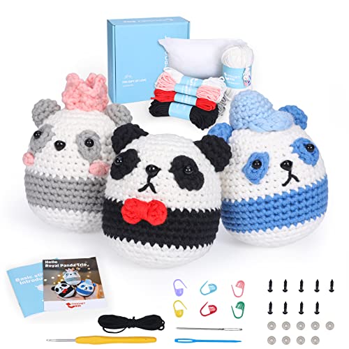 Kit de crochet pour débutants avec 3 pandas et tutoriel vidéo pas à pas