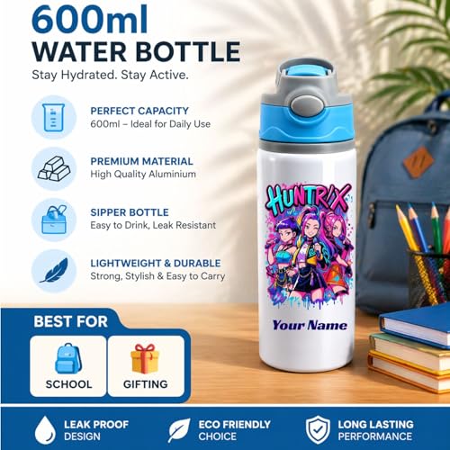 Image of Customized KPOP Name Printed Aluminium Water Bottle 600ml for Kids | School Sipper Bottle | Personalized Gift for Birthday, Rakhi | Return Gifts for Kids, Brother, Sister
