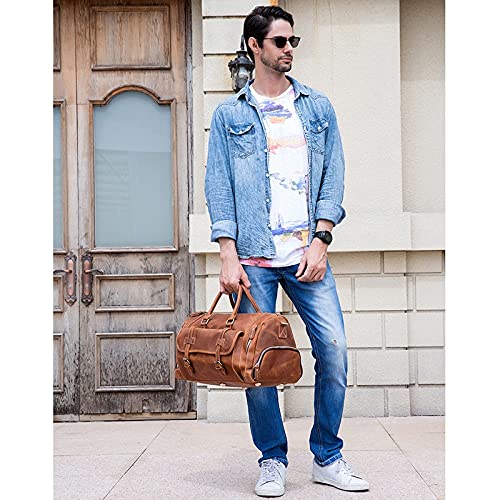 Travel Bag with Shoe Pocket 20 inch Big Capacity Real Leather Weekend Bag Large Messenger Bag (Color : Brown Size : 52x25cm)4