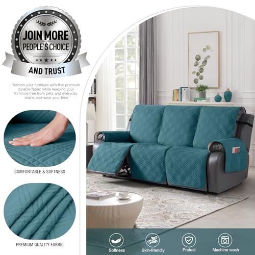 Image of TAOCOCO 100% Waterproof Recliner Sofa Cover, Non Slip Split Couch Covers for Reclining Couches with Straps, Washable Reclining Sofa Cover Furniture Protector for Kids Pets(3 Seater, Peacock Blue)