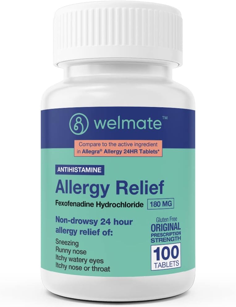 WELMATE Allergy Relief | Fexofenadine HCl 180 mg Non-Drowsy Antihistamine | 100 Count Tablets | 24 Hour All Day Support