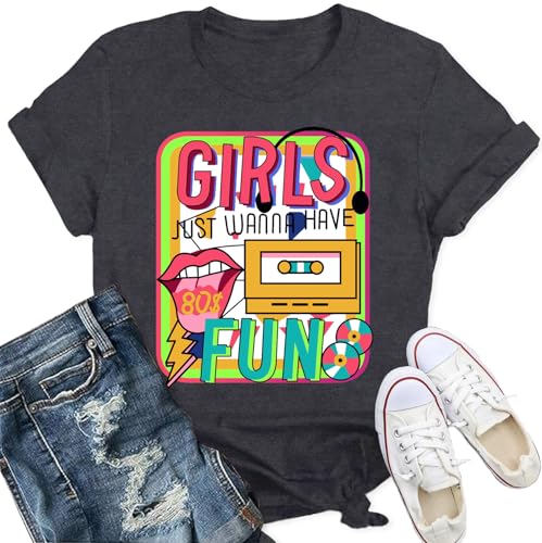 Qskall Camisetas de los años 80 para mujer, estilo retro, vintage, de los años 80, para fiestas, para niñas, con texto en inglés "Just Wanna Have Fun", Grey2, M