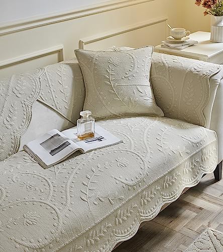vctops Cotton Quilted Couch Cover Floral Leaves Embroidery Sofa Cover Non Slip Sofa Slipcover for Dogs Cats Kids Loveseat Recliner L Shaped Armrest Backrest (Beige,28"x28")