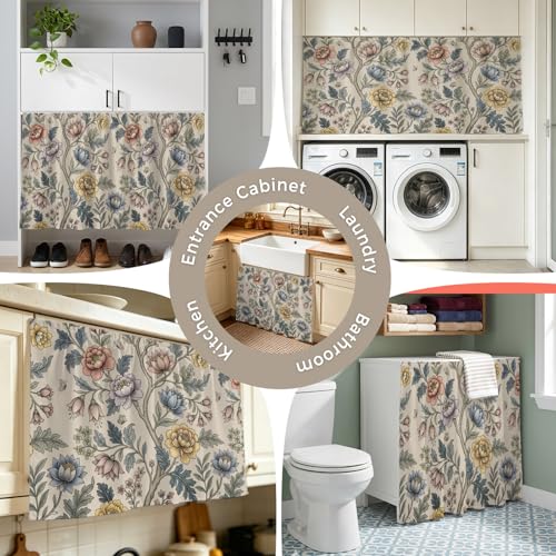 Kitchen Cabinet Curtains Vintage Garden Flower Sink Skirt for Bathroom Rustic Floral Leaf Pastoral Beige Dishwasher Curtain Cover Under Desk Curtain Skirt Drape for Classroom Laundry Closet 28"x35" - Image 7