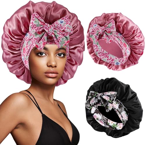 IJRPLM 2Pcs Silk Bonnet for Sleeping,Large Satin Bonnet with Tie Band,Night Sleep Cap for Women,Satin Bonnet for Curly Hair(Black + Pink)