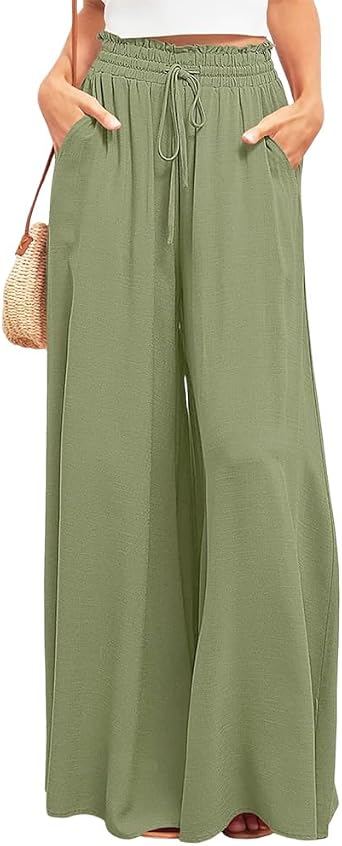 Mokayee Womens Wide Leg Pants, High Waist Drawstring Elastic Waistband, Flowy Trousers with Pockets, Army Green