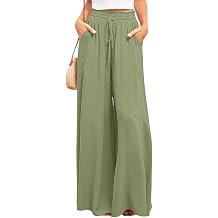 Mokayee Women's Wide Leg Pants, High Waist Drawstring Elastic Waistband, Flowy Trousers with Pockets, Army Green
