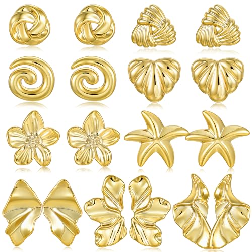 Gold Statement Earrings Set for Women 9 Pairs Hypoallergenic Large Lightweight Earring Pack Chunky Gold Stud Earrings for Women Jewelry
