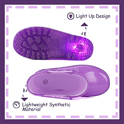 Outee Toddler Girls Rain Boots Little Kids Baby Light Up Glitter Waterproof Rubber Mud Shoes Lightweight Sparkle Purple Adorable with Easy-On Handles Non Slip (Size 1,Purple)