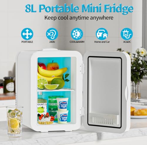 Image of Mini Fridge for Bedroom - 8 Liter /8 Can Portable Refrigerator for Car, Office, Dorm - Quiet Cooler & Warmer for Food, Drinks, Makeup & Skincare - AC /DC Power Supply