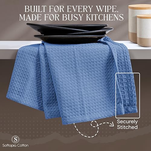 Image of Sky Blue Kitchen Dish Towels Set of 12-100% Cotton Waffle Weave, Super Absorbent, Soft, Quick Drying, 16x26 Inches, Ideal for Cleaning, Bar, Tea, and Everyday Use, Light Blue