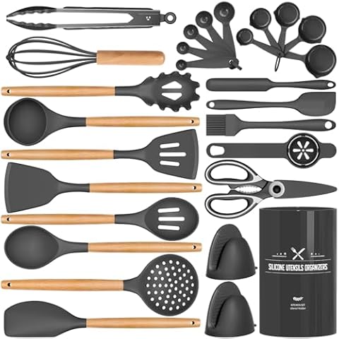 28PCS Silicone Cooking Utensils Set - AIKKIL Heat Resistant Kitchen Utensils Set for Cooking,Silicone Kitchen Gadgets Spatulas Set with Wooden Handles and Holder for Nonstick Cookware(BPA Free, Grey) Cover