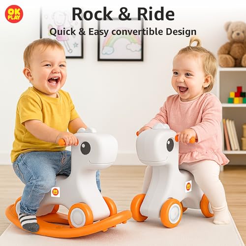 Image of OK PLAY 3 in 1 Pony Rocker Combo for Kids | Push On Ride On | Balancing Board | Backrest | Easy Grip | Anti Skid | Four Wheel | Indoors and Outdoors Games | Light-Weight | Orange & Ivory | 1 Year+