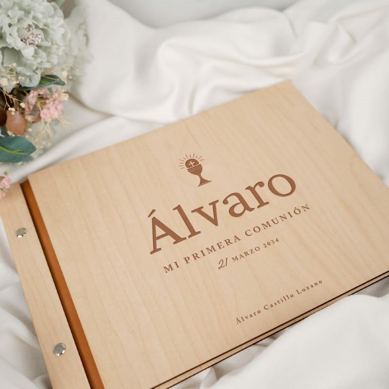 Libro de Invitados Comunión Personalizado | Libro de visitas Comunion de Madera Personalizado | Álbum de Firmas para Primera Comunión | Álbum de Fotos Scrapbook de Madera Cross