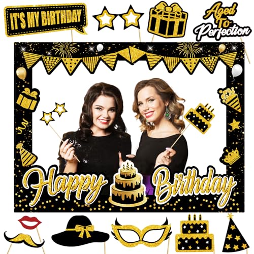 Turypaty Birthday Party Decorations for Boys & Girls - Black & Gold Photo Booth Props & Selfie Frame Set