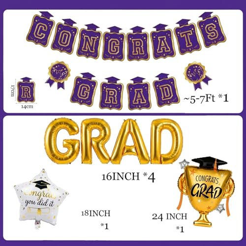 Image of Purple Gold Balloon Garland Arch Kit with backdrop Stars Graduation Cap crown GRAD Letters Mylar Balloons for 2026 graduate Prom Decorations