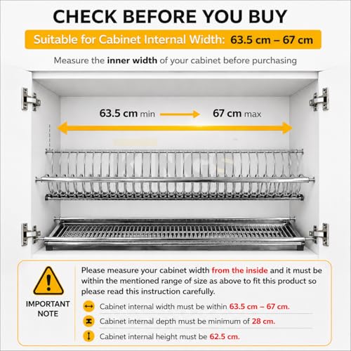Image of KINGS Stainless Steel 2 Tier Dish Rack & Drainer | Strong, Rust Proof Utensil Stand with Drip Tray Pullout for Quick Drying | Suitable for Cabinet Internal Width 63.5cm to 67cm