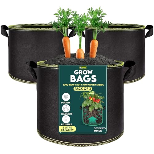 My Garden Grow Bags 5 Litre Fabric Planter Pots with Handles 320g Thickened Nonwoven Breathable Growing Bags for Vegetables, Herbs, Flowers, Tomatoes, Potatoes & Fruits Indoor & Outdoor (3, 5 Litres)