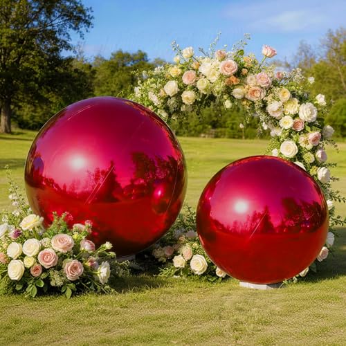OZIS 19.7+31.5inch 2PCS Giant Inflatable Mirror Ball with Air Pump for Hanging&Standing PVC Airtight Disco Bubble Balloon For Wedding Event Nightclub Stage Party Decor (Red)